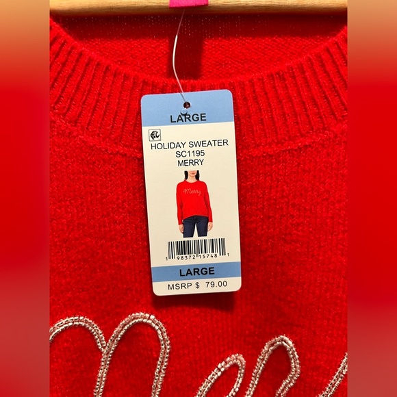 Vince Camuto red with Silver beaded “Merry” Holiday Sweater NWT Large and XL - Picture 9 of 13